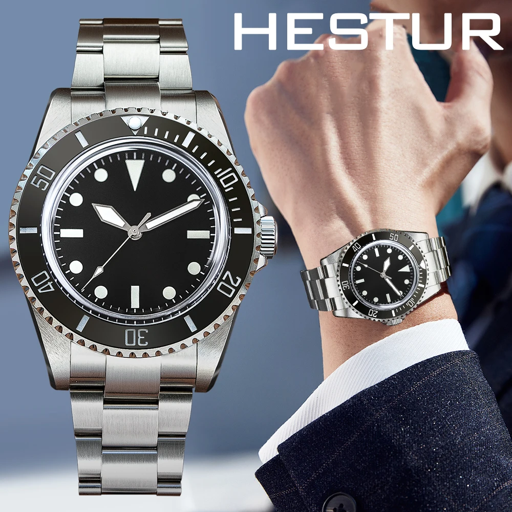 Hestur Black Diver Watches 40mm Men's Wrist Watch 5517 Milsub Vintage 20bar Automatic Mechanical Luxury Sapphire, Ceramic Bezel