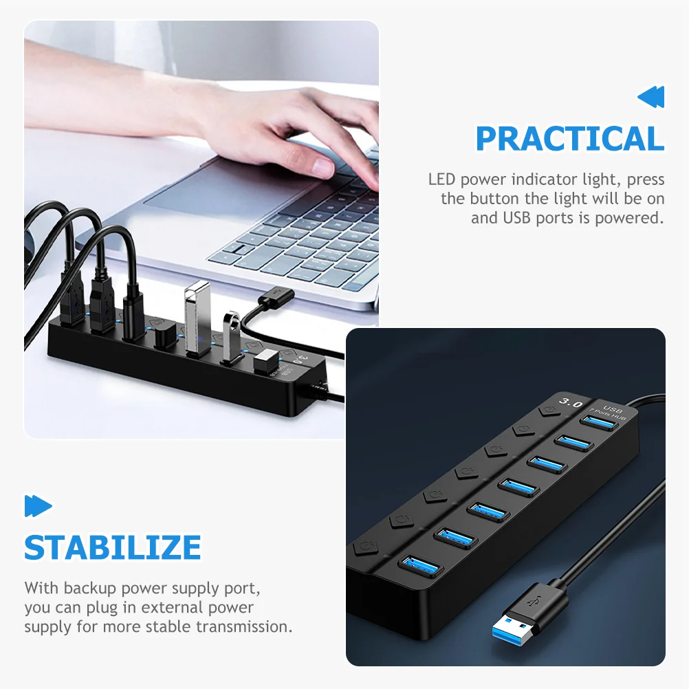 Seven Port Expander USB Adapter for Laptop 7 Hub Connectors Extender Ports Abs Multiple