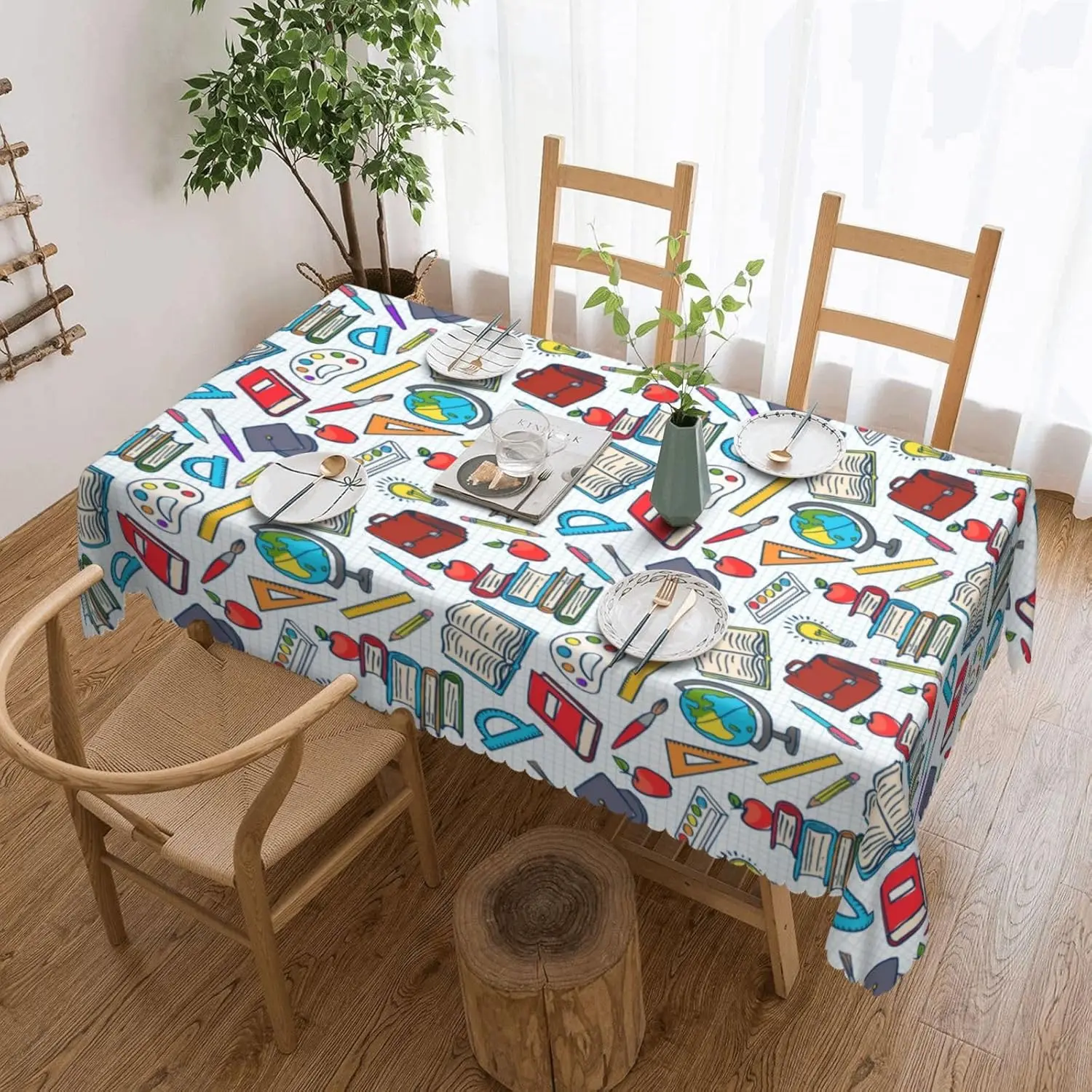 Fun Science Theme Tablecloth Elementary School Classroom Lab Pattern Washable Fabric Table Cover for Kitchen Dining Party