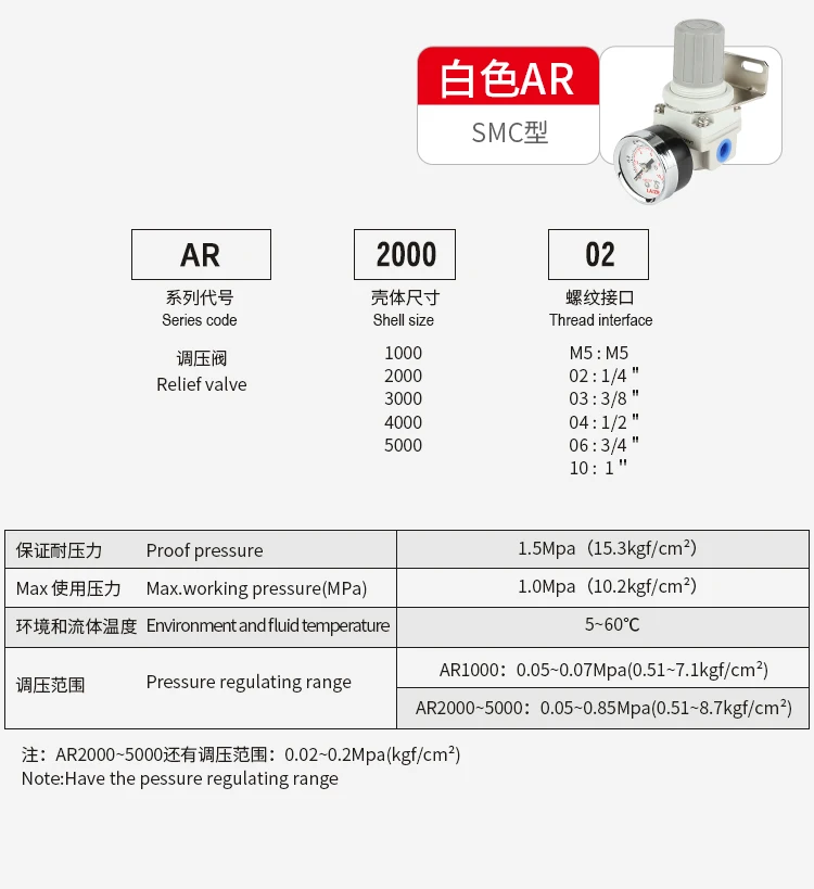 AR2000-02 AR3000-03 AR4000-04 High Quality Pneumatic Compressed Air Compressor Pressure Regulator Relief Valve 1/4" 3/8" 1/2"1"