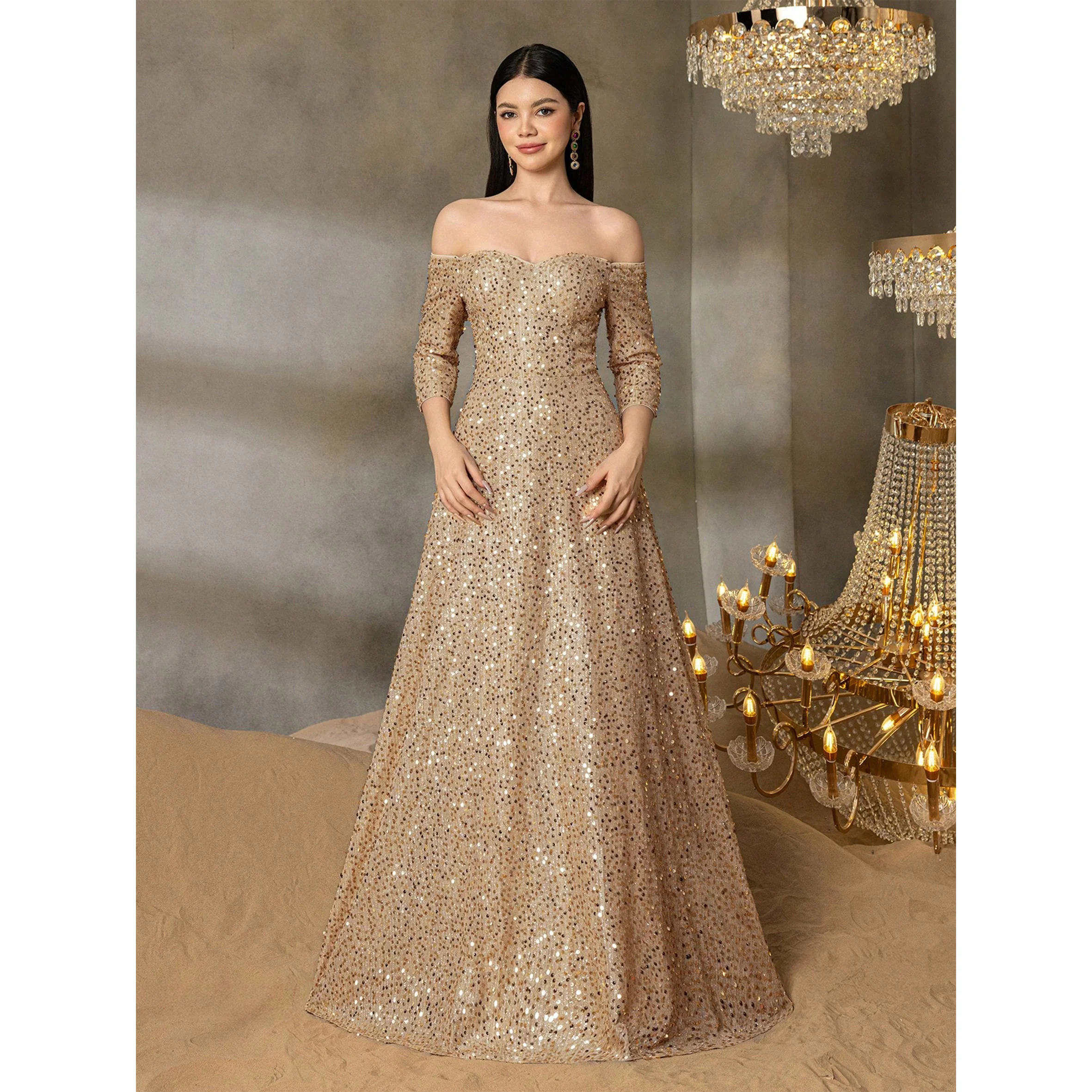 ティーン向けオフショルダー・スパンコール・イブニングガウン、七分袖＆流れるようなaラインシルエット、ガラディナー、卒業舞踏会に最適