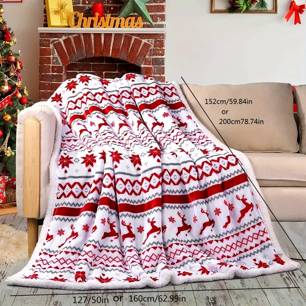 1pc Coperta di Natale Stile francese Renna Fiocco di neve Stampa 3D Coperta in pile di agnello Lavabile in lavatrice Regalo di compleanno Arredamento camera da letto