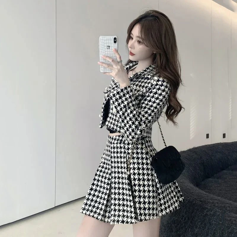 Plaid Casual Two-Piece Suit for Women, Houndstooth Loose Single-Breasted Retro Jacket, Pleated Skirt Suits, Spring Autumn, New