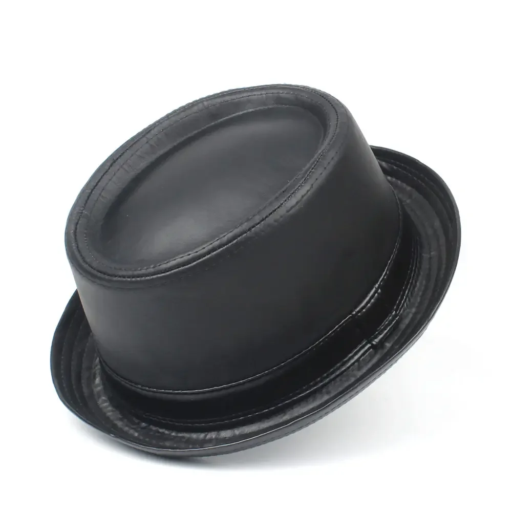 Men Balck Pork Pie Hat For Dad Leather Fedora Hat Fashion Gentleman Flat Bowler Porkpie Top Hat Size S M L XL