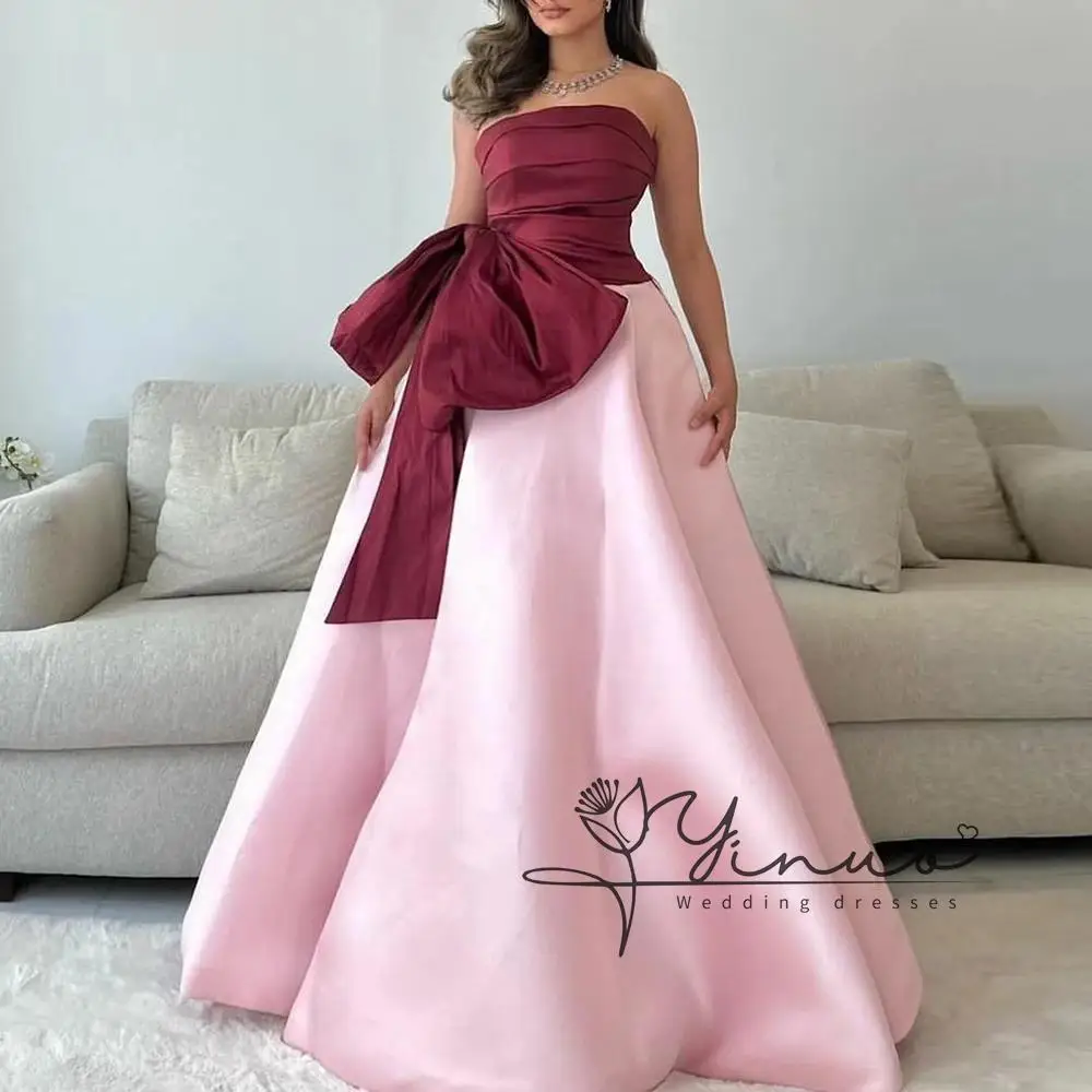 

customized Pink and Burgundy Evening Dresses Strapless Bow Pleated A-Line Elegant Party Dress Draped 2025 Formal Occasion Prom