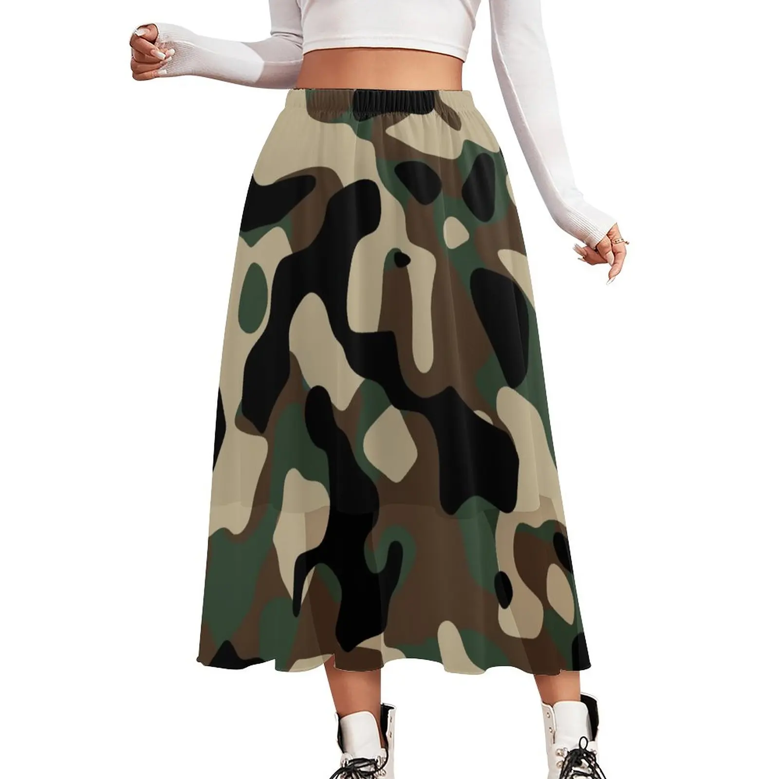 

Army Camouflage Print Skirt Brown Green Camo Trendy Boho Skirts Spring Street Fashion High Waist Chiffon Oversized A-line Skirt