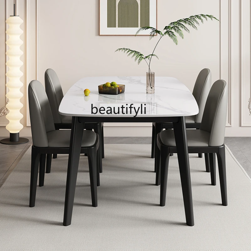 Solid Wood Stone Plate Dining Tables and Chairs Set Simple Black Small Apartment Rectangular New Household Eating Table