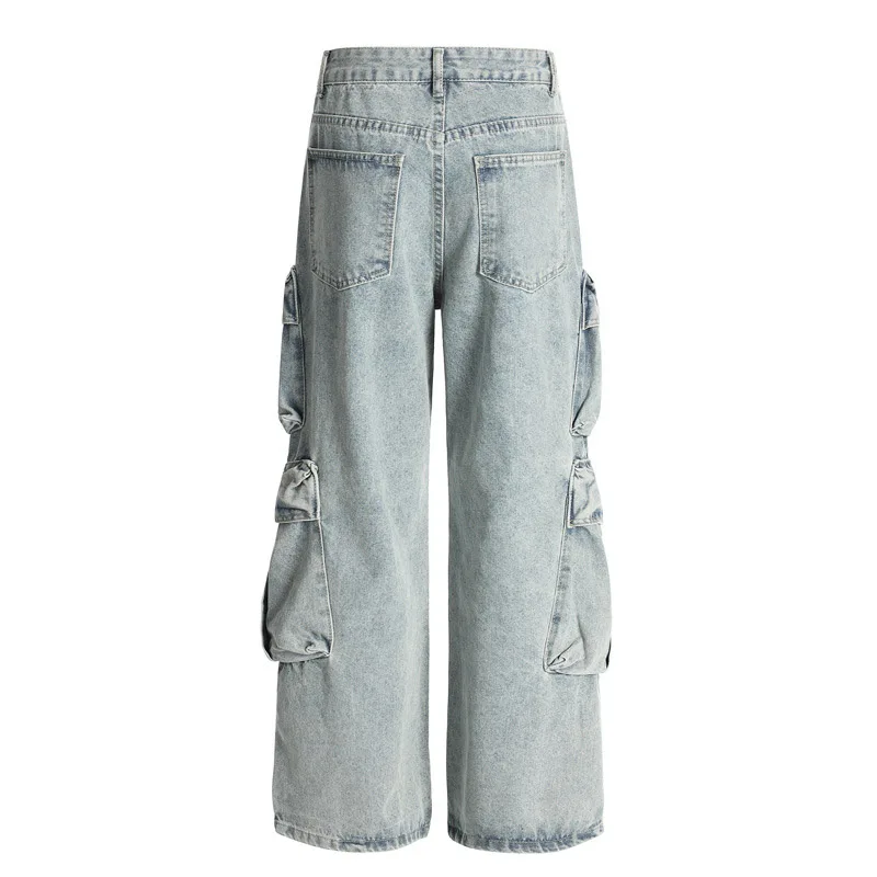 Vintage Hip Hop Cargo Jeans Pants Multi Pockets Loose Streetwear Denim Trousers For Male Patchwork