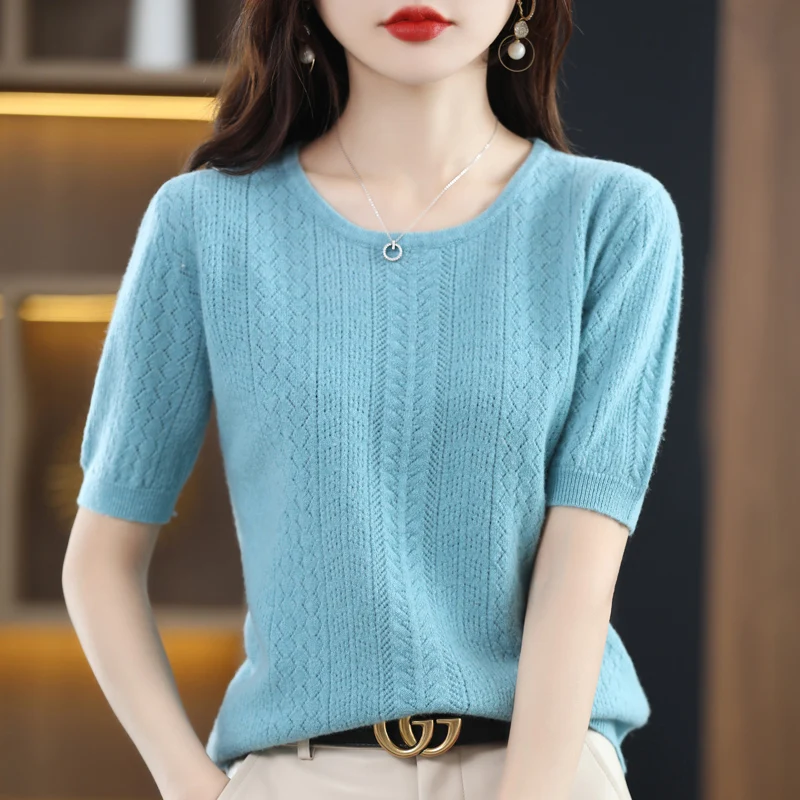 

O-neck knitted cashmere sweater Women's knitted pullover 100% merino wool short sleeve 2023 new women's clothing fashion top