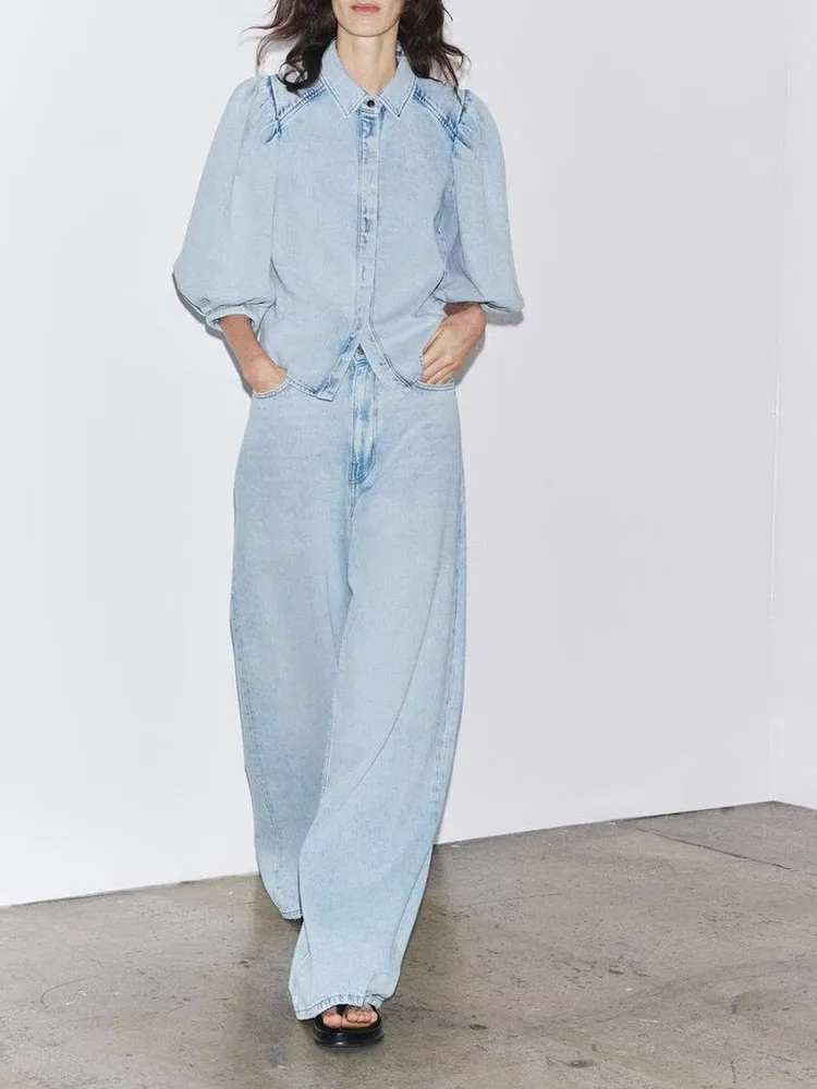 

Spring New Arrival Women's Denim irt High Waist Wide Leg Jeans Button up Long Sve Faion Set High Quali Ladies Clothing