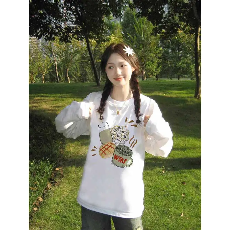 

Женская одежда, весенне-осенний модный однотонный однотонный пуловер с круглым вырезом и корейским принтом, женский универсальный тонкий пуловер с длинными рукавами с героями мультфильмов