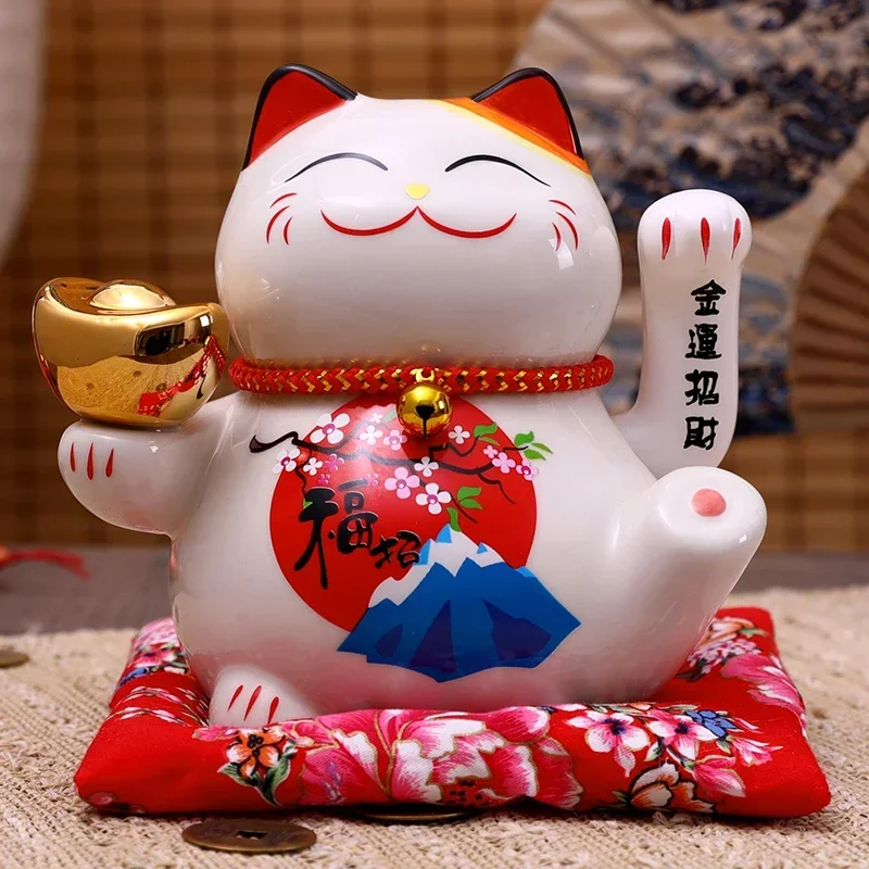 6 Inch Ceramic Beckoning Cat Waving Hand Fortune Cat Electric Maneki Neko Best Gift Home Decoration Lucky Cat