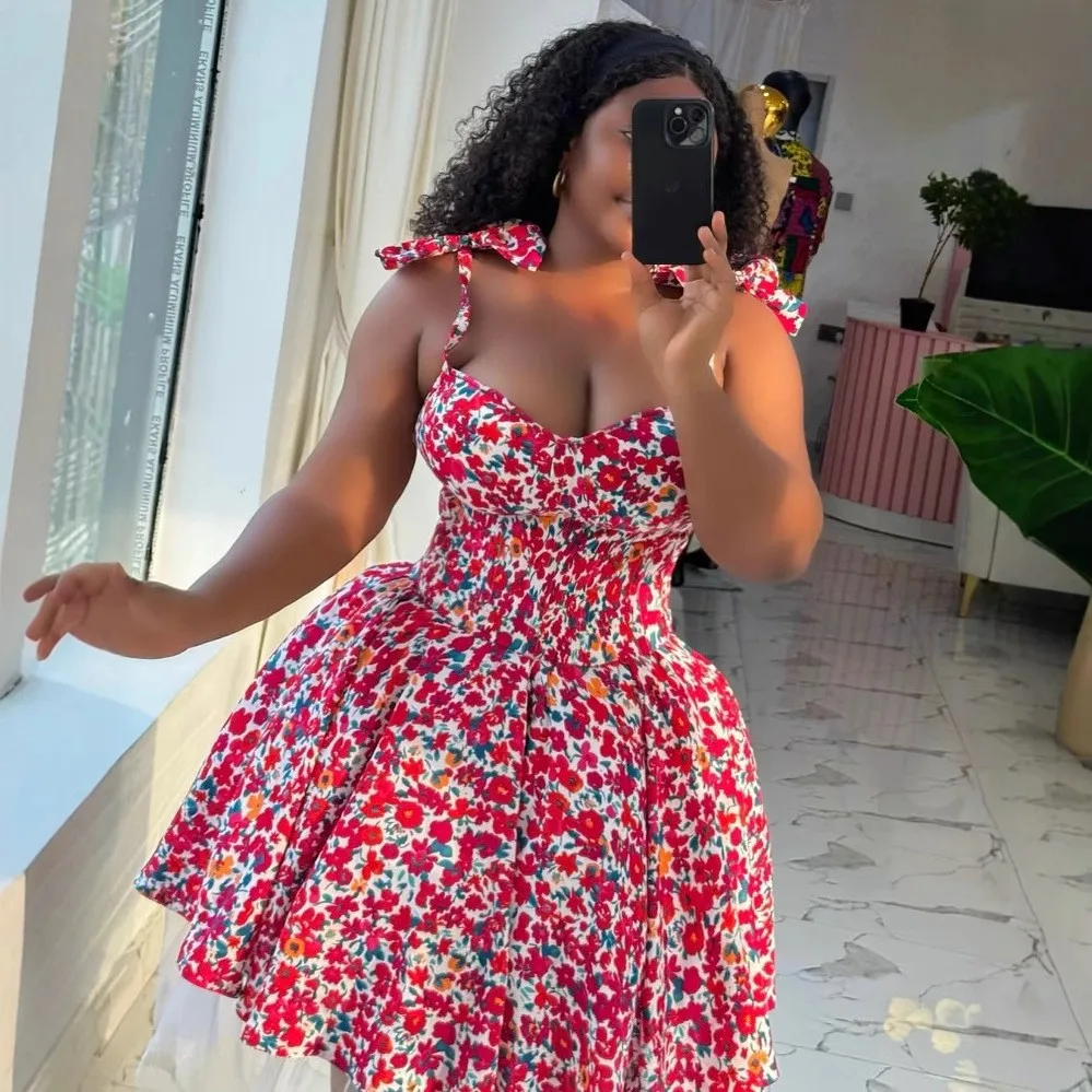 

Women 2025 Spring Summer Sexy Bodycon Floral Printed Spaghetti Strap Bow Sling Dresses High Waist A-line Temperament Short Dress