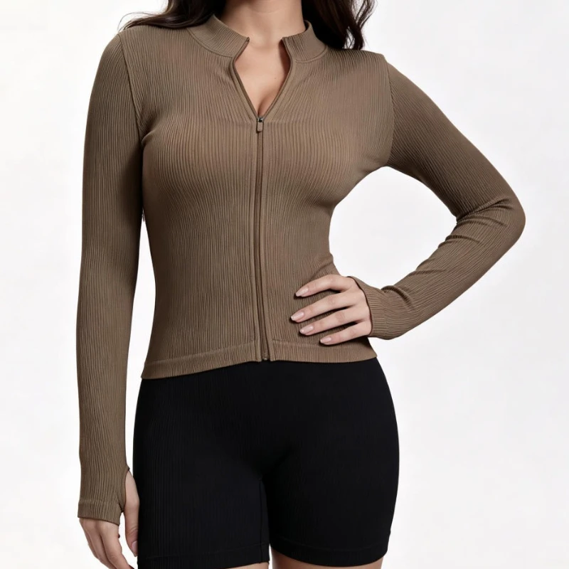 Women Ribbed Long Sleeve Zip Up Yoga Top High Elastic Workout Shirt Outdoor Running Gym Fitness Fashion Slim Sports Active Wear