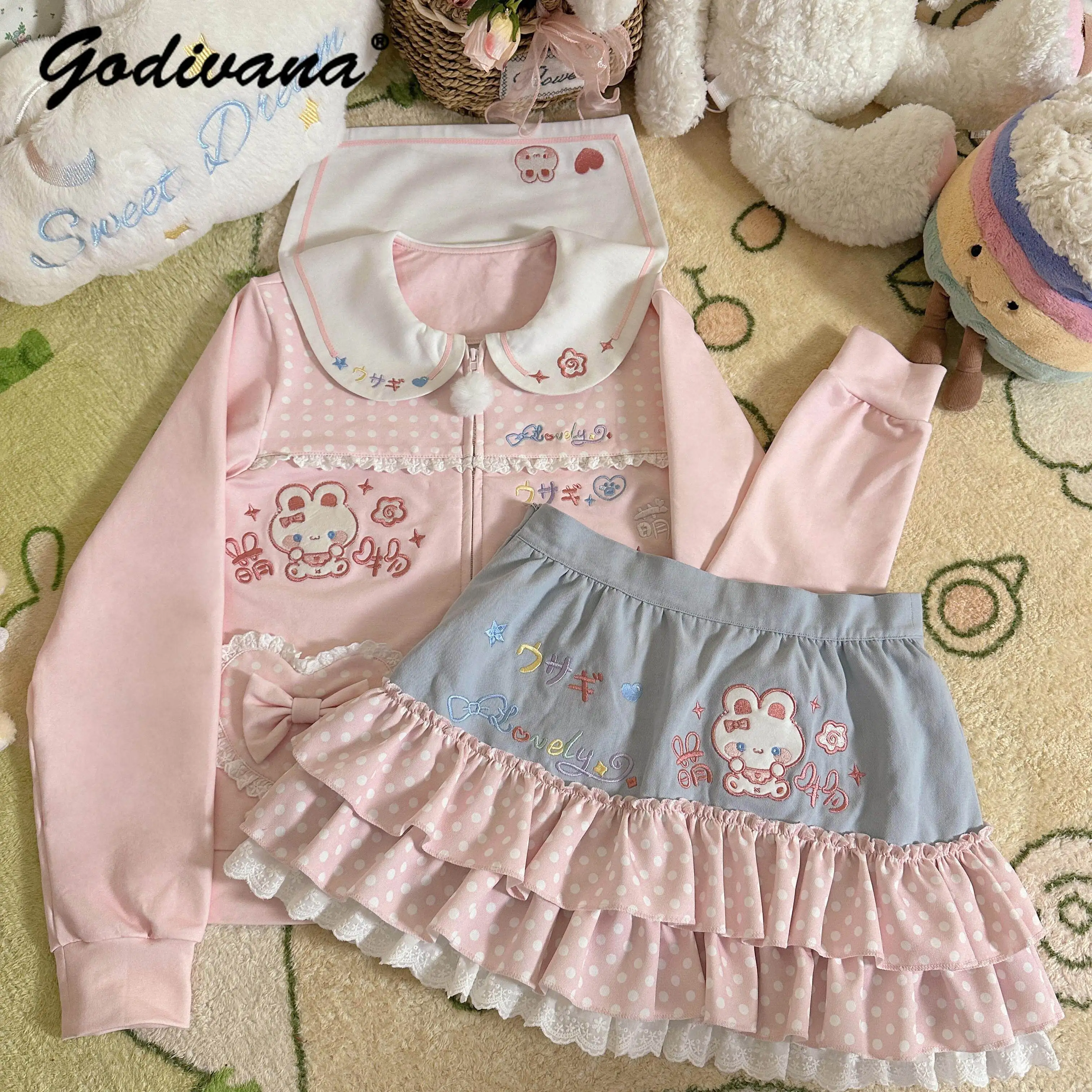 

Комплект из 2 предметов для девочек Kawaii Sweet Girl: розовый топ с вышивкой и кружевной отделкой + юбка в горошек в стиле Лолита, повседневный наряд для девочек