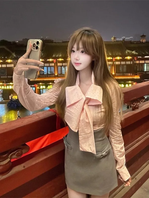

Pink Striped Long Sleeve Shirt And Grey Short Skirt Set Women's Fashion Design Knot Decorated Shirt Autumn Collection