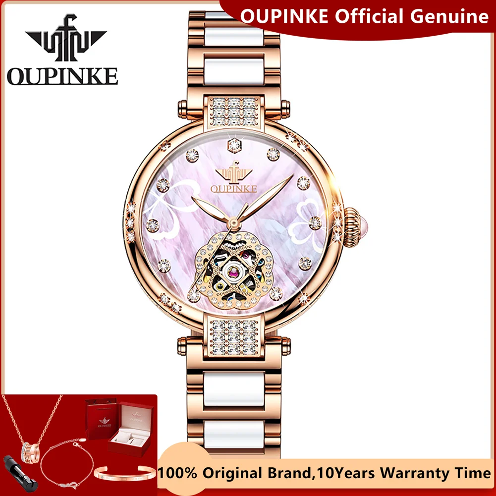 OUPINKE Automatic Mechanical Watch for Women Fashion Rose Gold Ceramic Strap Original Luxury Ladies Wrist Watch Relogio Feminino