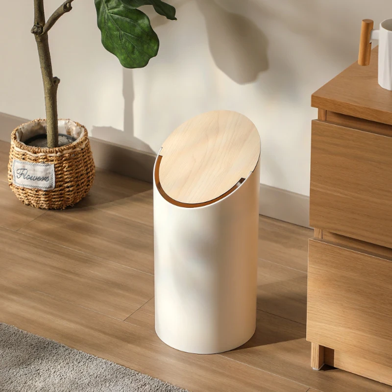 【Zhubai Home】Trash Can Creative Japanese Style Flip Storage Barrel Home with Pressure Ring Beveled Cream Wind Trash Basket