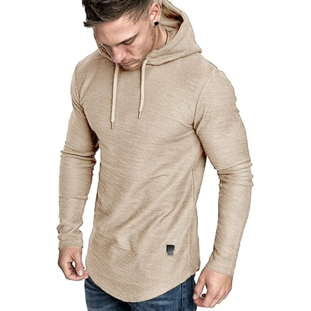 Langarm-Baumwoll-T-Shirt für Herren, lässig, gemütlich, einfarbig, atmungsaktiv, leicht, trendig, mit Kapuze, männlich, Streetwear