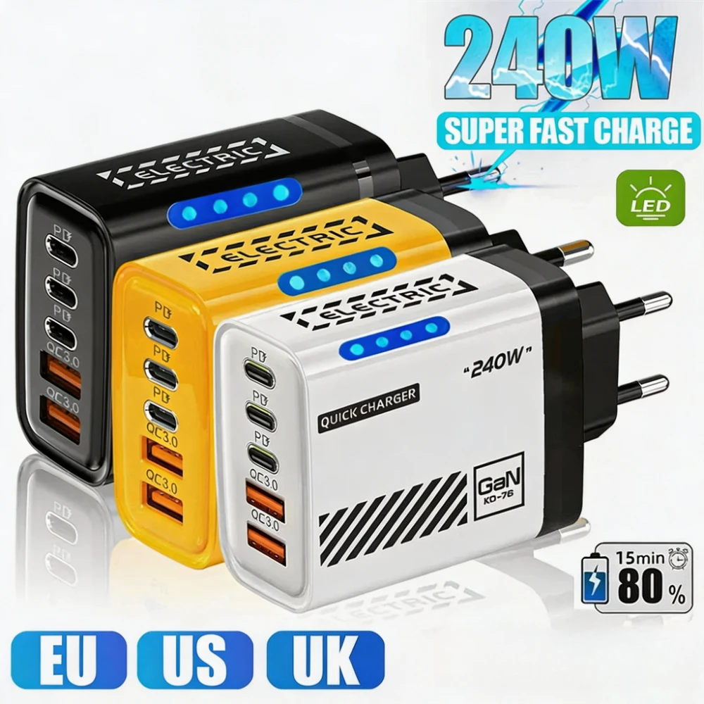 GaN 5 in 1 240W USB Type C Charger Mobile Phone Quick Travel Adapter For iPhone Xiaomi Samsung Huawei EU/US/UK Plug Wall Charger