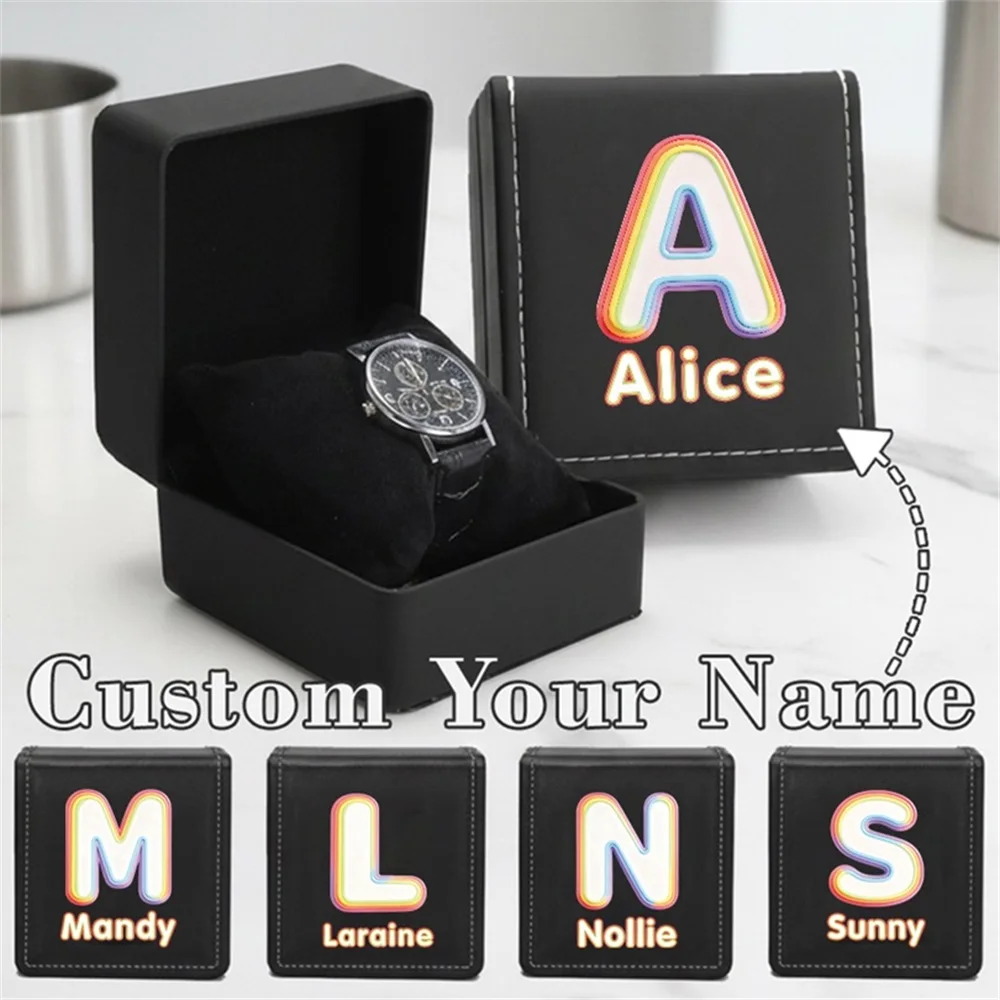 Customized Name PU Watch Storage Box with Pillow Jewelry Gift Organizer Case Valentine's Day Gift Box Rainbow Gradient Pattern