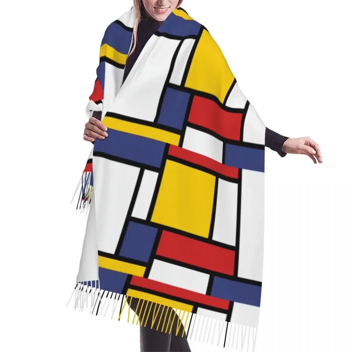 Lady Long Piet Mondrian Minimalist De Stijl Modern Art Scarves Women Winter Fall Thick Warm Tassel Shawl Wrap Versatile Scarf