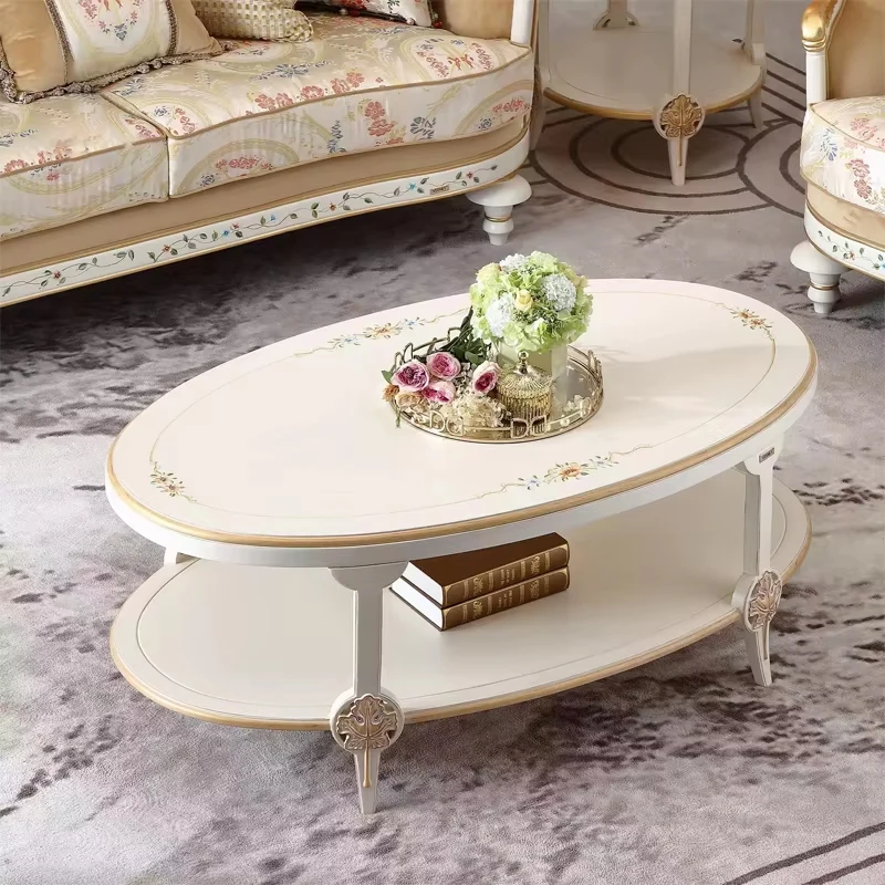 !@Luxury French Classical Wooden Coffee Table for Living Room Solid Wood Construction Antique White Finish