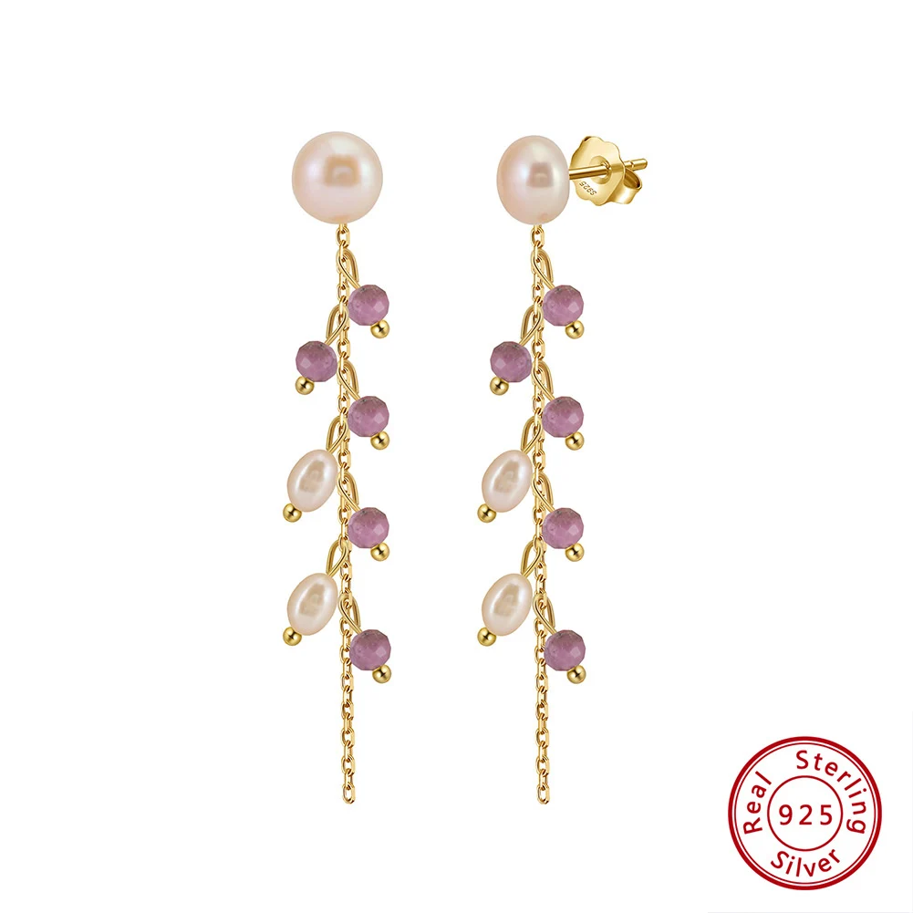 

Kiss Mandy 925 Silver Creative Design Real Pearl Tassel Chain Earrings with Purple Mica Trendy Bride Jewelry Accessories MPE05