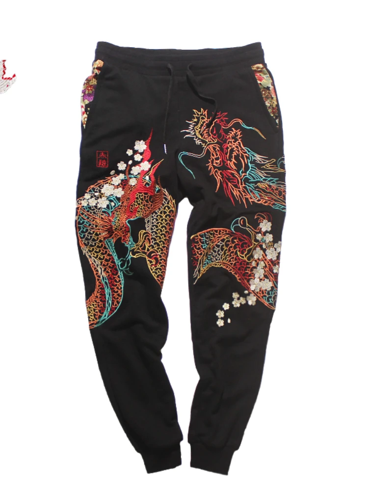 Black cotton pants for Men and Women Chinese Embroidered Pants Yokosuka Sportpants Loose Spring and Autumn
