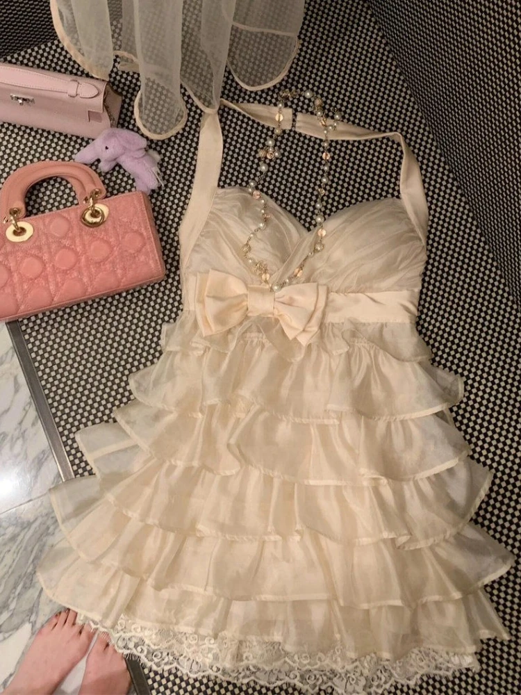 2000s Aesthetic Sweet Hottie Elegant Women Dress Vintage Cute Bow Halterneck Design Dress Female Y2k Lace Fashion Party Outfits
