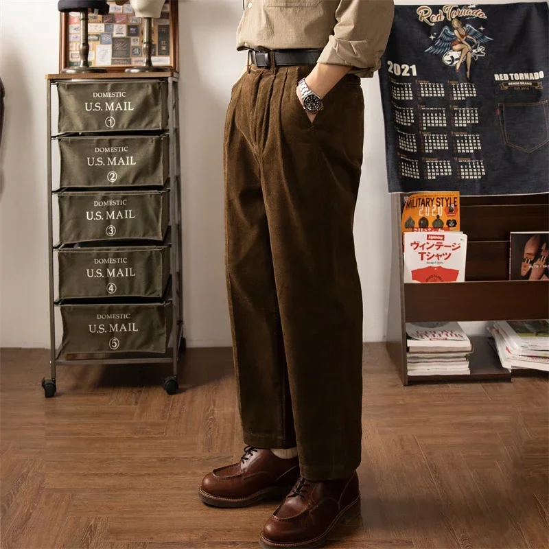 

Red Tornado Men's Pleated Corduroy Pants Brown Relaxed Fit Vintage Heritage Style Work Trousers LU-0001