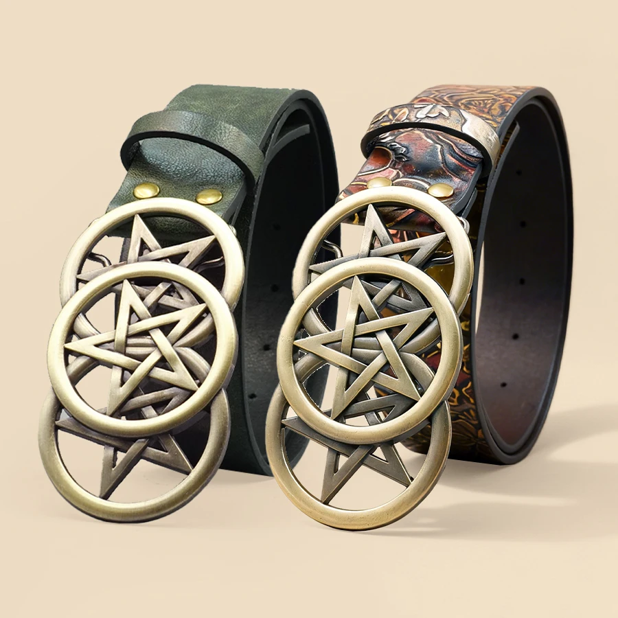 Gothic Pentagram Belt Women Vintage Metal Buckle Two-Tone Embossed Waist Cinch Fashion Accessory - view 3