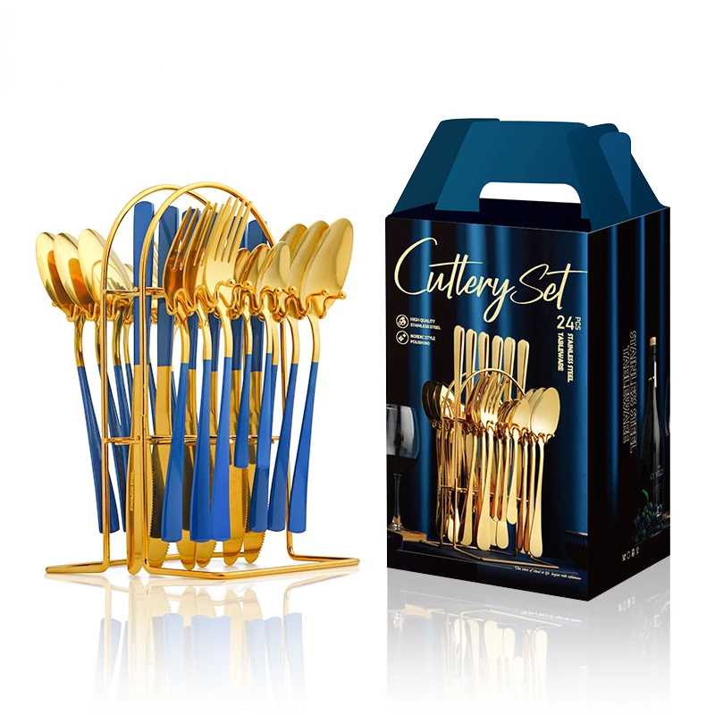 Silverware Set 24 Piece Gold Silverware Flatware Cutlery Set for 6 With Stand Include Knife Fork Spoon,Dishwasher Safe