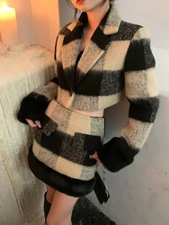 2023 Spring Faux Fur Plaid Blazer Suits Women Casual Y2k Crop Top + Mini Skirt Office Lady 2 Piece Dress Korean Fashion Clothing