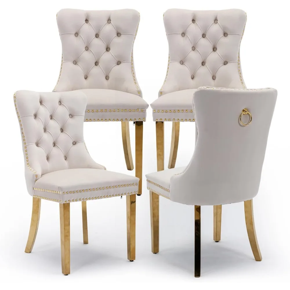 Upholstered Dining Chairs Set of 4, Modern Style Kitchen Side Chairs with Nailhead Trim and Gold Plated Leg, Metal Pulling Ring