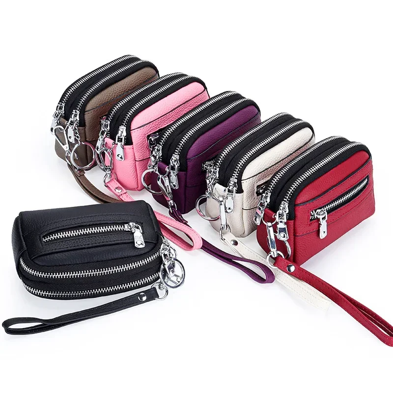 New Women Coin Purse Genuine Leather Small Triple Zipper Coin Wallet Pouch with Removable Wristlet Strap Clutch Bag Mini Handbag