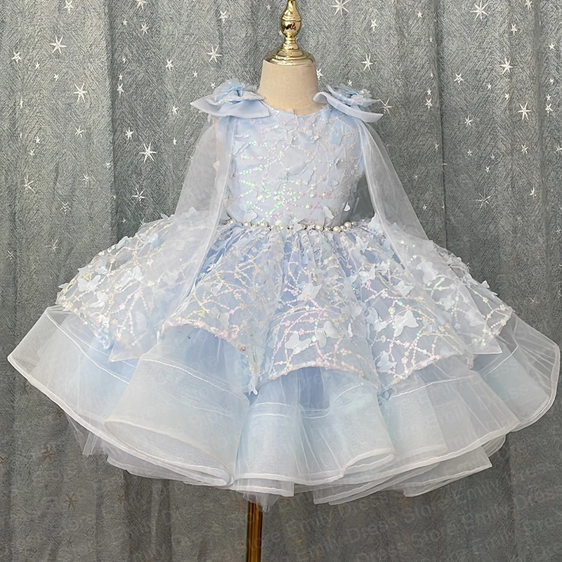 

Customized Blue Tulle Flower Girl Dresses For Wedding Baby Knee Length With Bow Kids Birthday Party First Communion Ball Gown