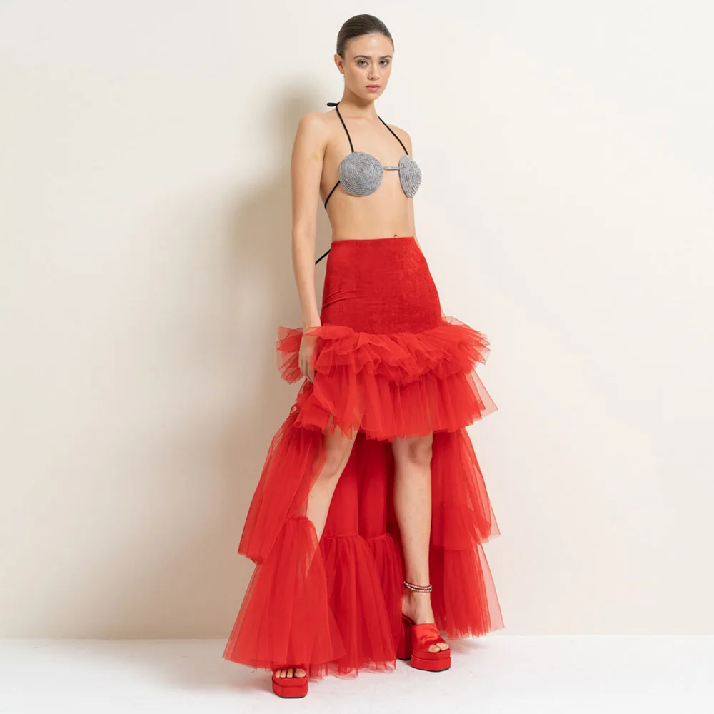 

HOBBY High Waist Velevt Tulle Skirt Red Ruffled Layered High Low Event Skirt Floor Plus Size Casual Women Clothing