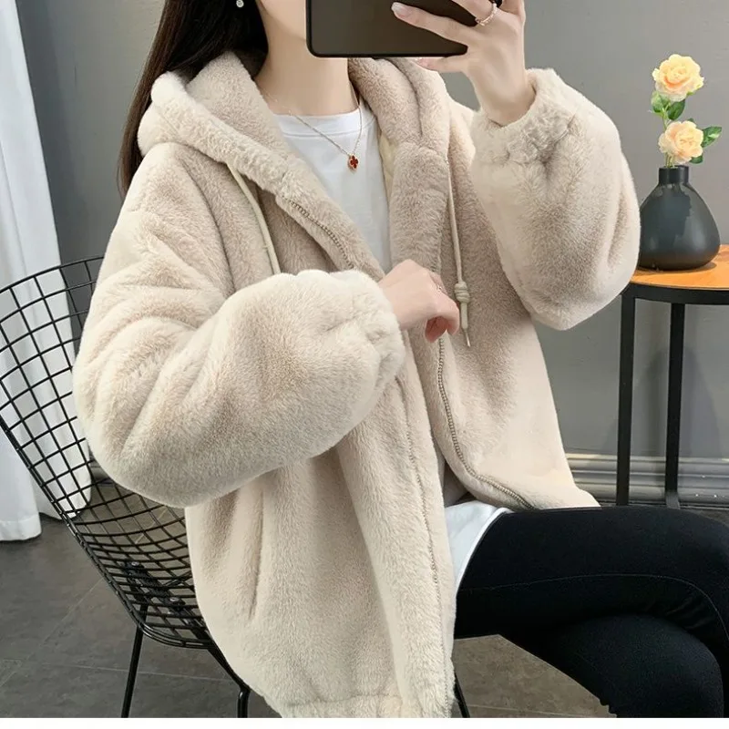 Winter Imitation Rabbit Fur Grass Women's Mid-Length Loose Thickened Student Versatile Hooded Plush Jacket Cotton Jacket Thick