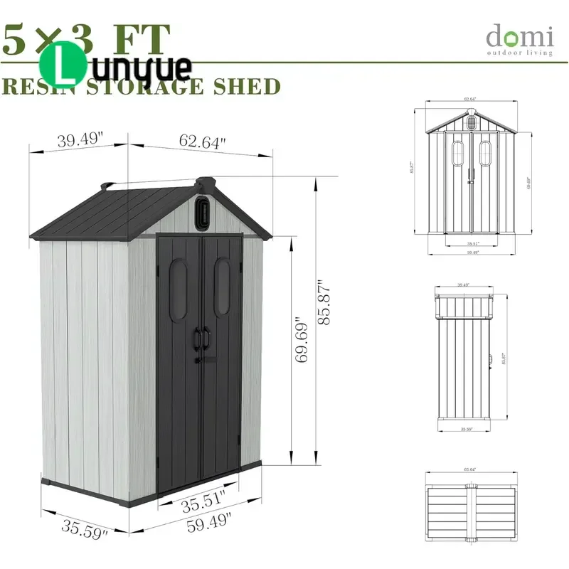 5x3ft Durable Resin Outdoor Storage Shed with Window Vents Lockable Double Doors Pitched Roof for Garden Patio Tool