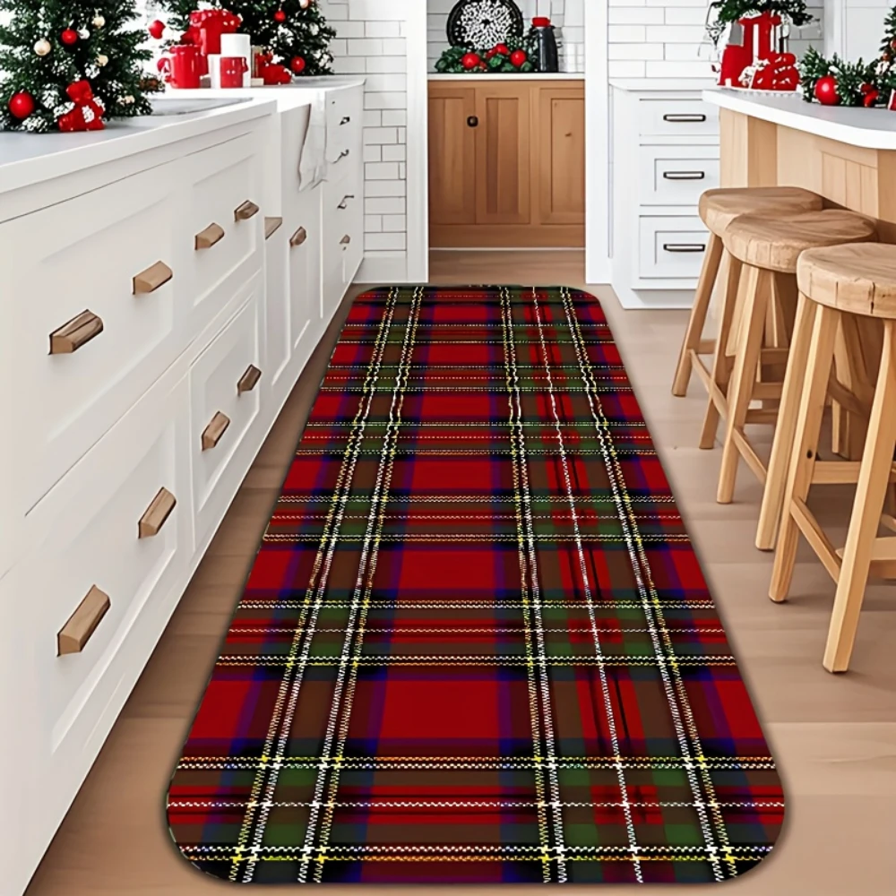 Tartan Plaid Xmas Kitchen Runner Rug Entryway Area Rug 1/2/3pcs Set Bedroom Living Room Laundry Floor Mat Festive Home Doormat