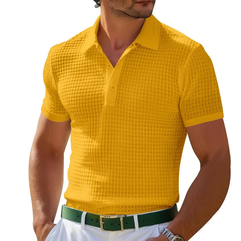 

Solid Color Men's Waffle Polo Shirts - Soft, Comfortable, Casual Style for Vacations, Short Sleeve, Ribbed Collar Button - Ups