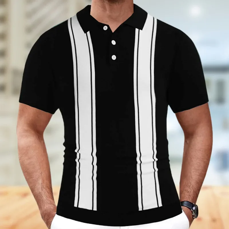 Europe and The United States Men's New Summer Striped High-end Sweater Short Sleeve Business Casual High Street Polo Shirt Men