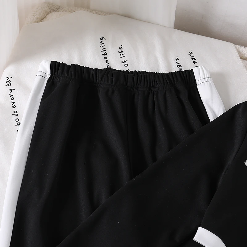 Teen Girls Black White Color Block Suit, Round Neck Pocket Decor Long Sleeve Blouse And Loose Straight Casual Trousers 5