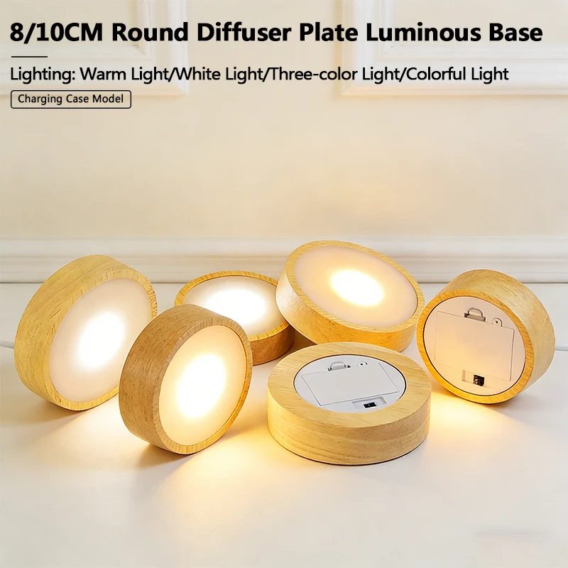 Round Diffusion Plate LED Light Base Battery-Powered Wooden Night Light; Cocktail Glass Coaster USB Mood Crystal Lamp Base Light