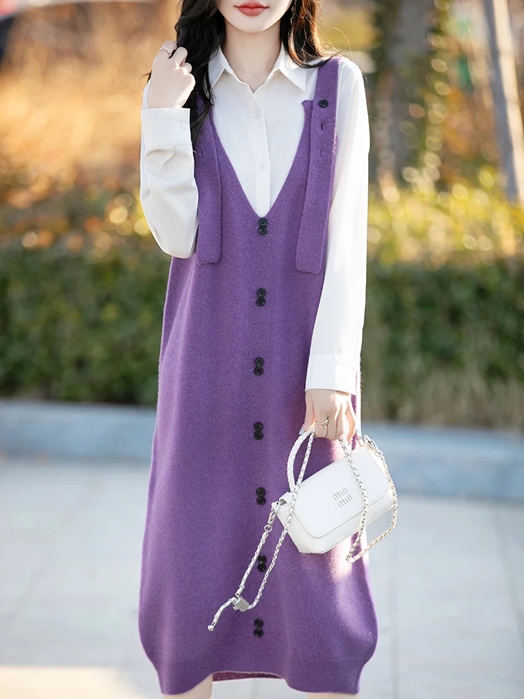 

Women's Dress 100% Merino Wool Sweater Strap Dress Autumn Winter Straight Skirt Camisole Dress Loose Fat Skinny Person Clothing