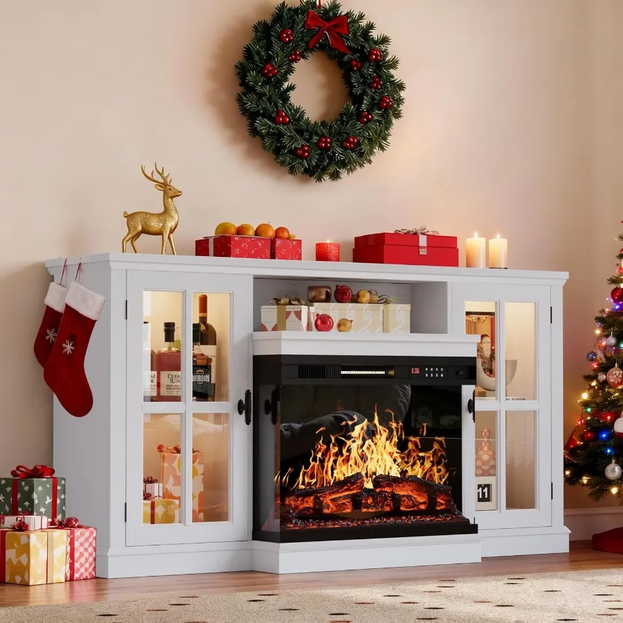 

YESHOMY Glass Fireplace TV Stand for Televisions up to 65 Media Entertainment Center Console Table with LED Lights White Wash F