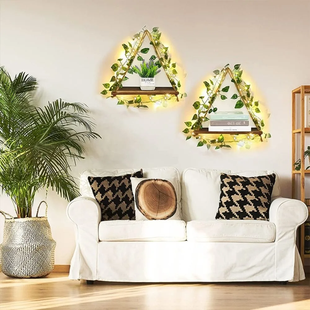 Boho Artificial Ivy Floating Wall Shelf Wooden Hanging Wall Mounted Shelf Floating LED Light Wood Shelf Home Decoration
