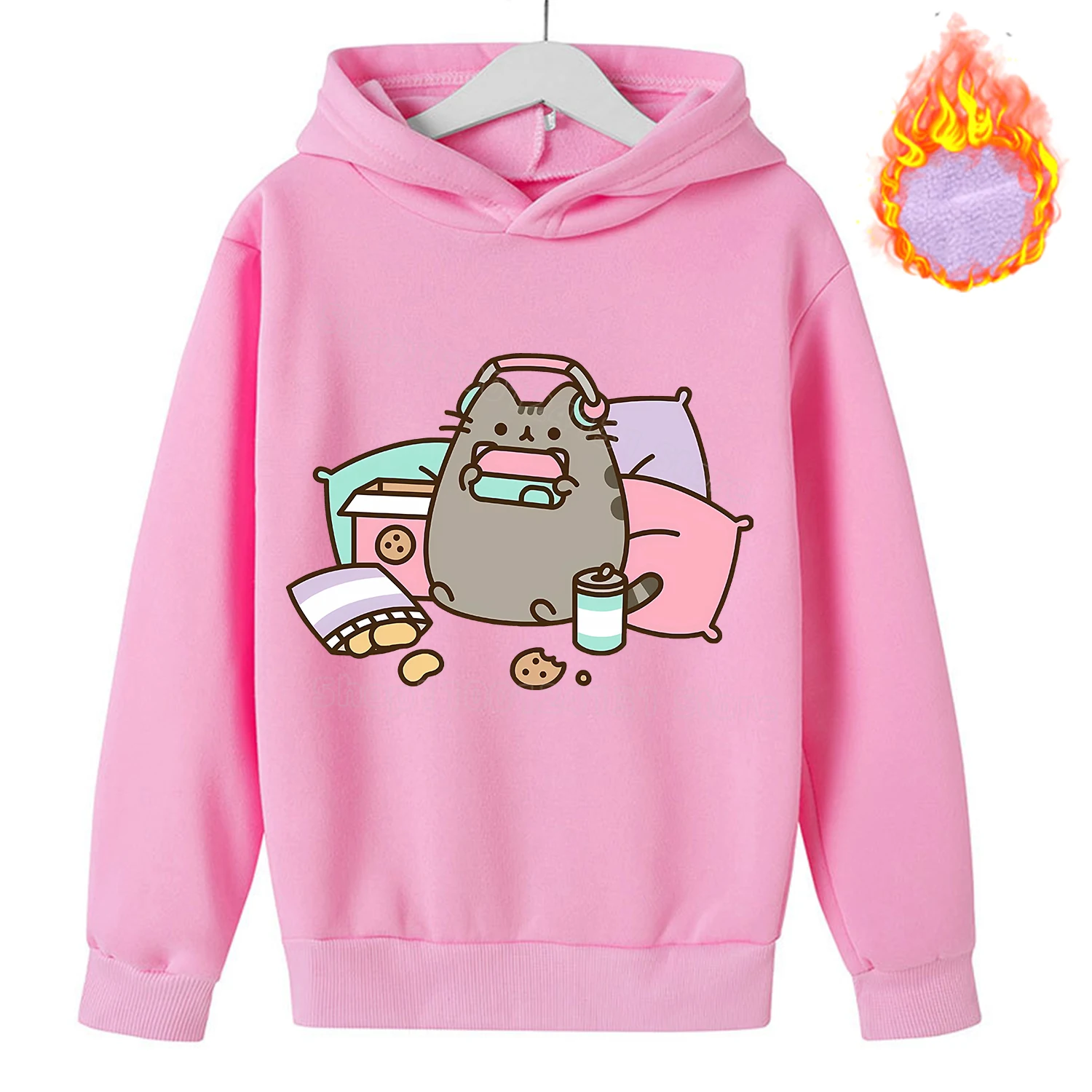 Pusheen Cat Hoodies Children\'s Fleece Sweatshirt Trendy Plush Hoodie Kawaii Anime Pattern Clothes Clothing for Girls Boys Gift