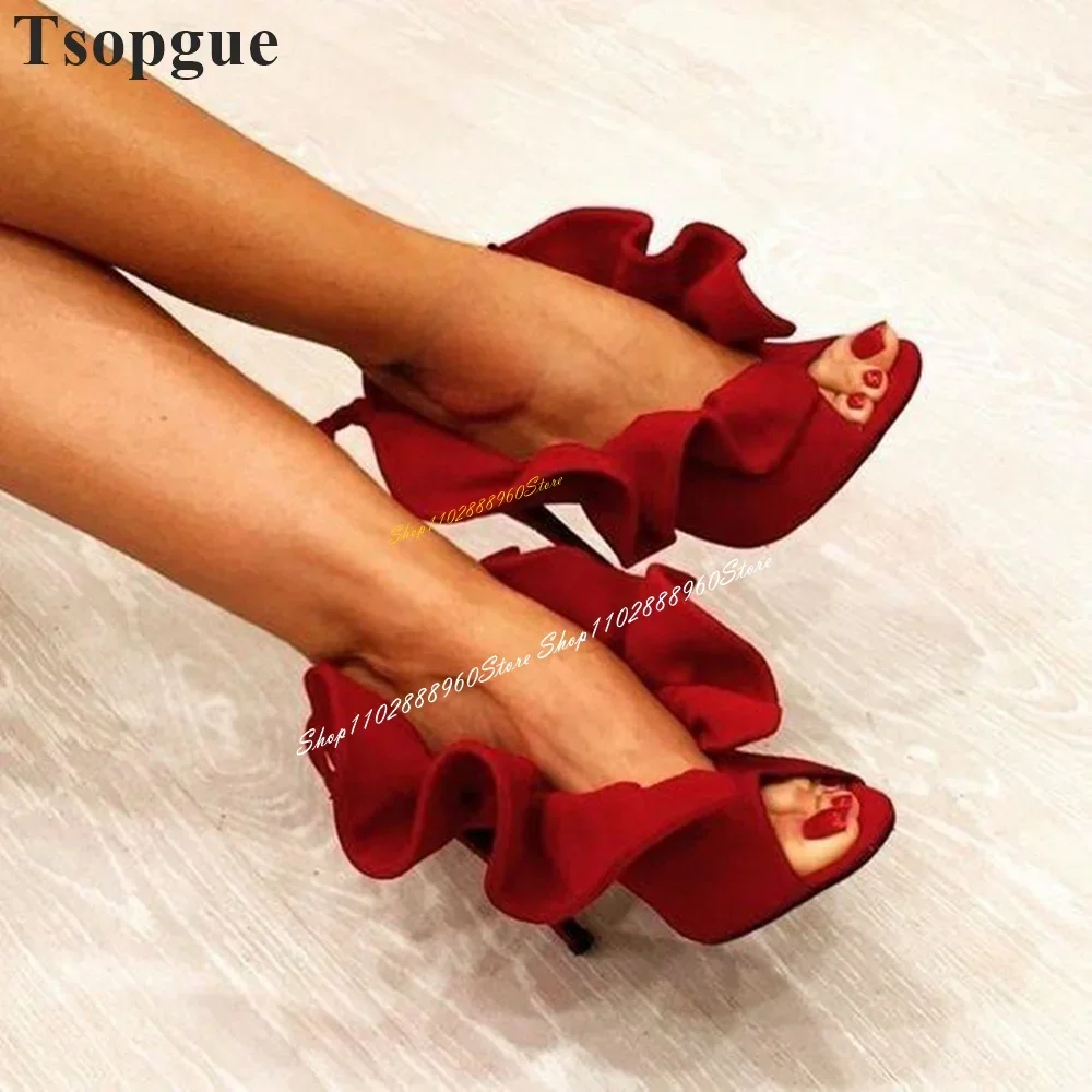 

Sexy Red Flock Ruffles Pumps Stilettos High Heel Shoes For Women Slip On Peep Toe Gorgeous Stylish Banquet Casual Women Pumps